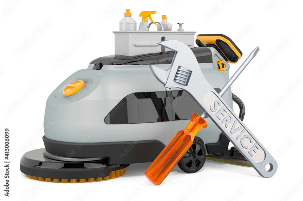 Fototapeta premium Service and repair of floor scrubber dryer, 3D rendering