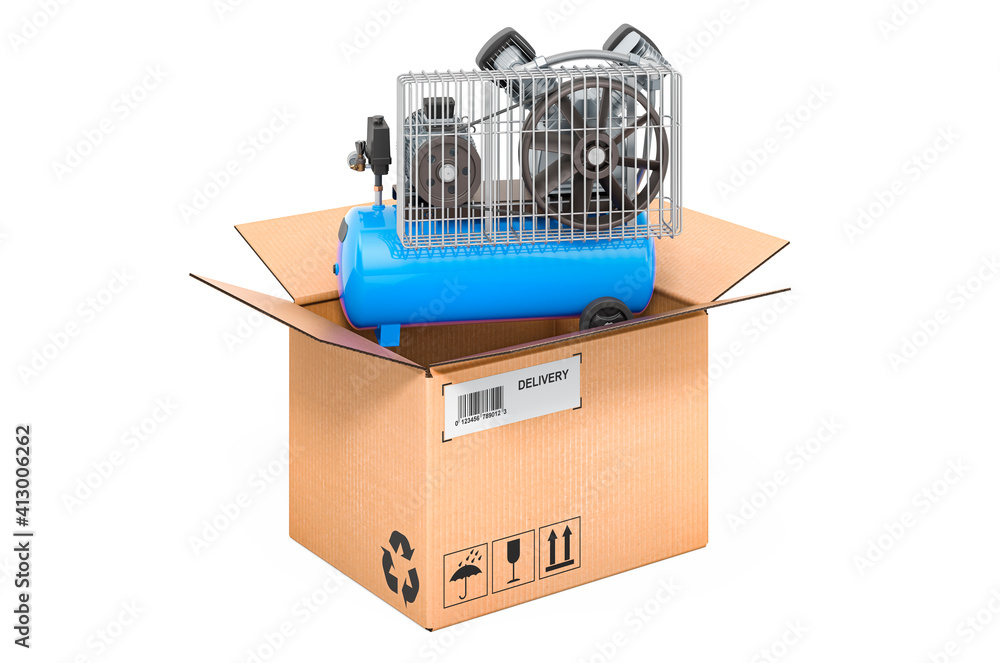 Air compressor inside cardboard box, delivery concept. 3D rendering Air compressor inside cardboard box, delivery concept. 3D rendering