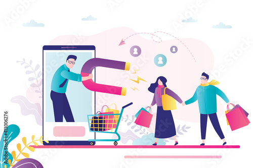 Technology of customers retention. Social media marketing. Businessman use magnet and attracts consumers. Funny smm specialist.
