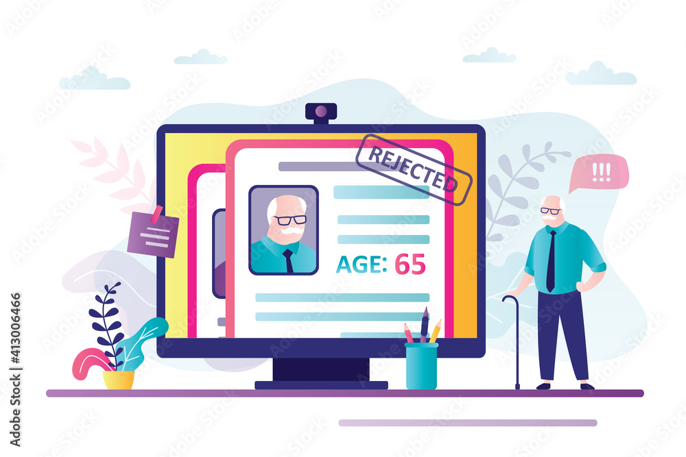 Elderly man's resume was rejected. Summary with stamp rejected on computer screen Elderly man's resume was rejected. Summary with stamp rejected on computer screen