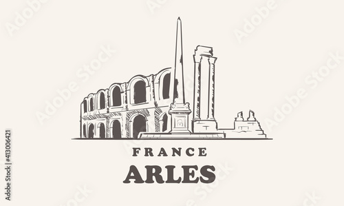 Photo Arles skyline, france hand drawn sketch