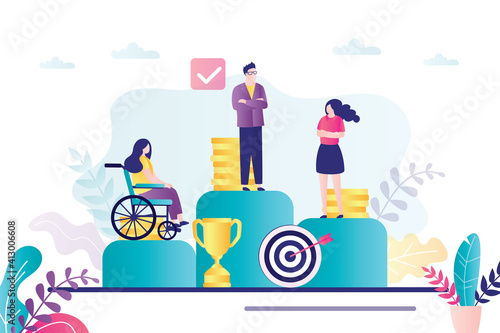 Discrimination of disabled people and women at work. Salary inequality. Equal rights for both sexes