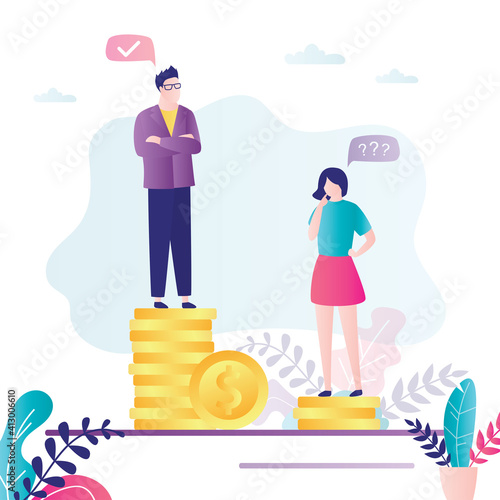 Female and male characters on piles of coins. Pay inequality between genders