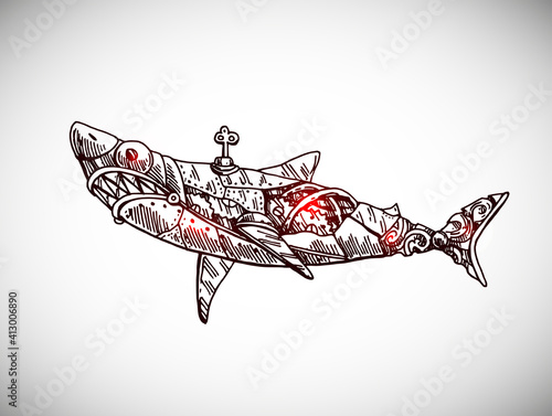 Mechanical fish. Hand drawn vector illustration.