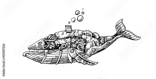 Mechanical fish. Hand drawn vector illustration.