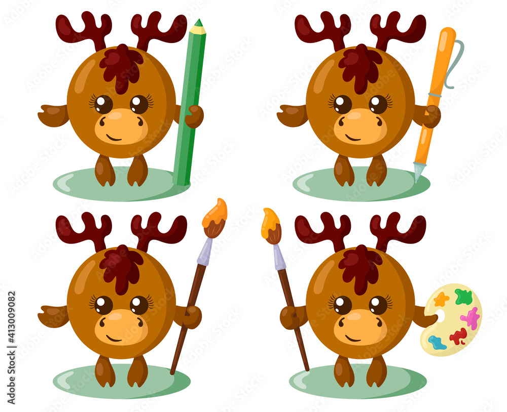 Set of funny cute kawaii moose or deer with round body, pencil, pen, brush and palette in flat design with shadows. Isolated animal vector illustration Set of funny cute kawaii moose or deer with round body, pencil, pen, brush and palette in flat design with shadows. Isolated animal vector illustration
