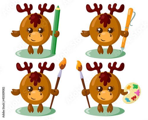 Set of funny cute kawaii moose or deer with round body  pencil  pen  brush and palette in flat design with shadows. Isolated animal vector illustration 