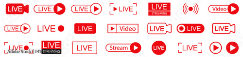  Live Streaming icons collection. Live icons. Streaming, broadcasting. Red buttons Live Stream. Stock vector