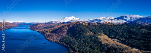 an aerial view of loch linnhe and ben nevis near fort william in winter in the argyll region of the highlands of scotland on a clear blue cold day photo