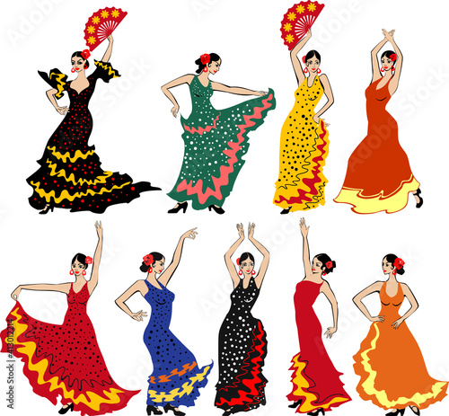 Set of flamenco dancers in colorful traditional spanish dresses isolated on white background