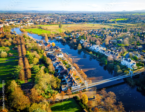 Aerial view of Chester, a city in northwest England,  known for its extensive Roman walls made of local red sandstone photo