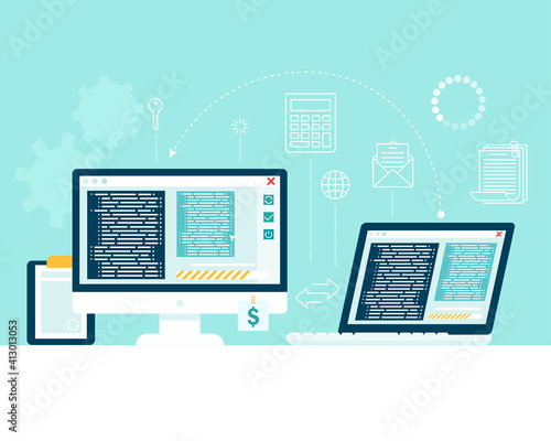 Transfer information from one computer device to another. File Transfer, data exchange. Vector illustration in flat style