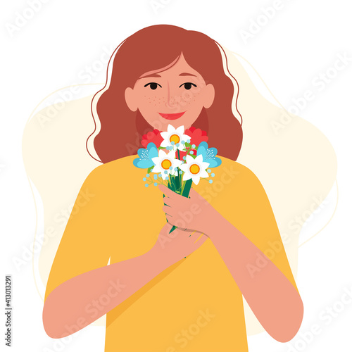 Woman holding a bouquet of spring flowers in hands. International women   s Day. Vector illustration in flat style