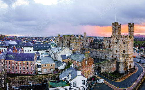 Aerial view of Caernarfon Castle, a medieval fortress in Caernarfon, Gwynedd, north-west Wales photo