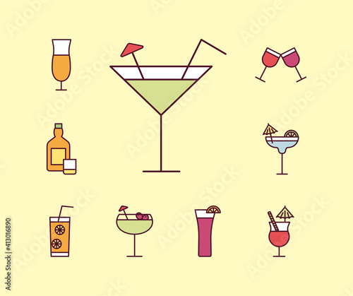 bundle of nine cocktails set icons in cream background
