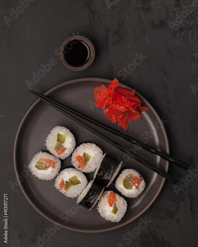 Japanese food. Sushi and rolls. Sets from the roll. Beautiful serving of Asian cuisine
