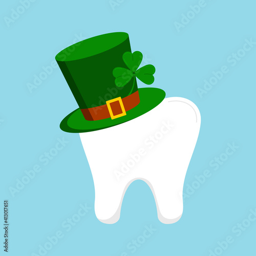 St Patrick day tooth in green leprechaun hat with clover shamrock. Dental molar tooth irish character with gnome cylinder hat. Flat design cartoon style dentist celebration vector illustration.