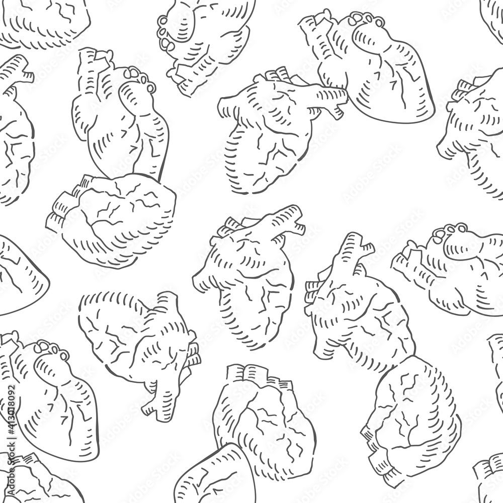 Anatomy heart seamless pattern. Hearts vector background