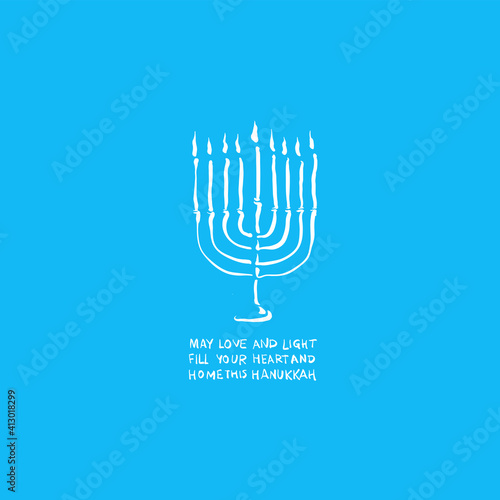 Hanukkah greeting card, hand written. Jewish holiday elegant greeting card template with menorah. Flyer, poster, banner, party invitation design. Vector illustration