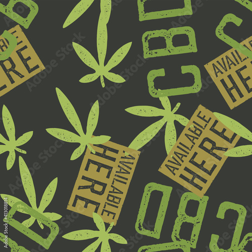 CBD labels and hemp leaves seamless pattern. Hemp products theme vector background