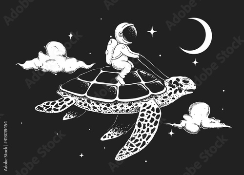 astronaut flying on a turtle at the night