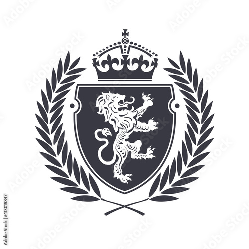 Coat of Arms with heraldic lion silhouette depicting an award, achievement, heraldry, nobility. Isolated on white background