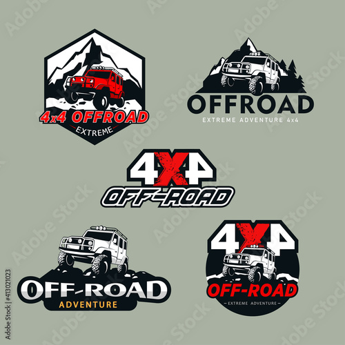 A set of five off-road, 4x4 extreme club emblems. Vector illustration.
