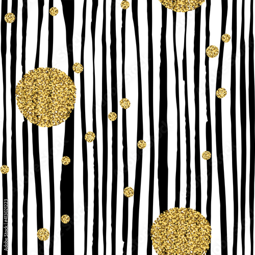 Hand drawn black vertical stripes seamless pattern with golden dots. Vector seamless background