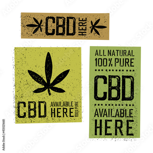 CBD products labels. Grunge stamp illustration. CBD themed vector.