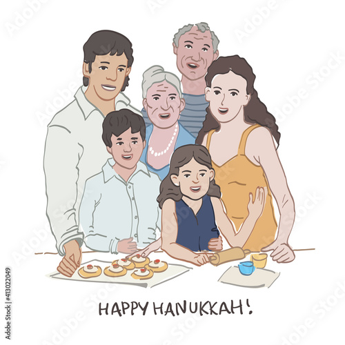 Jewish happy family celebrating Hanukkah. Preparing oil-fried foods for Hanukkah Holiday.  Festive family dinner. Seniors, parents and children.