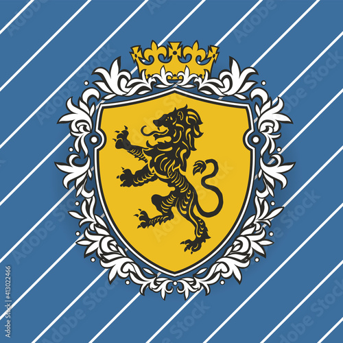 Coat of arms with heraldic lion silhouette on shield with crown and floral frame. On blue diagonal lines seamless pattern background.