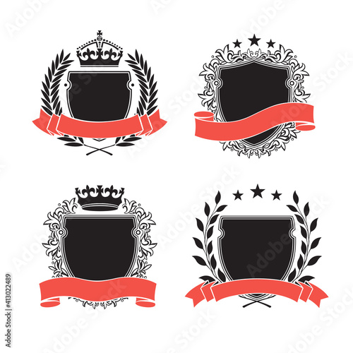 Four Different Coat of Arms. Black and white silhouette circular wreaths, shields, crowns and ribbons depicting an award, achievement, heraldry, nobility.