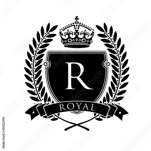Coat of arms. Heraldic royal emblem shield with crown and laurel wreath. Heraldic vector template.