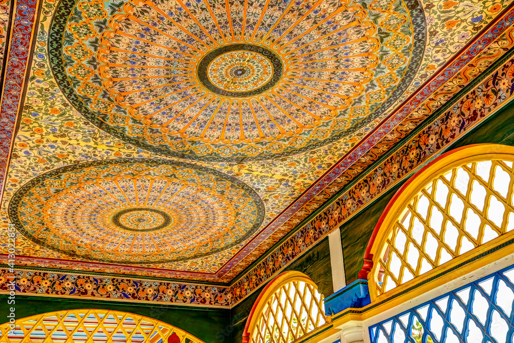 Colourful tiles and intricate plaster designs in Marrakesh Morocco