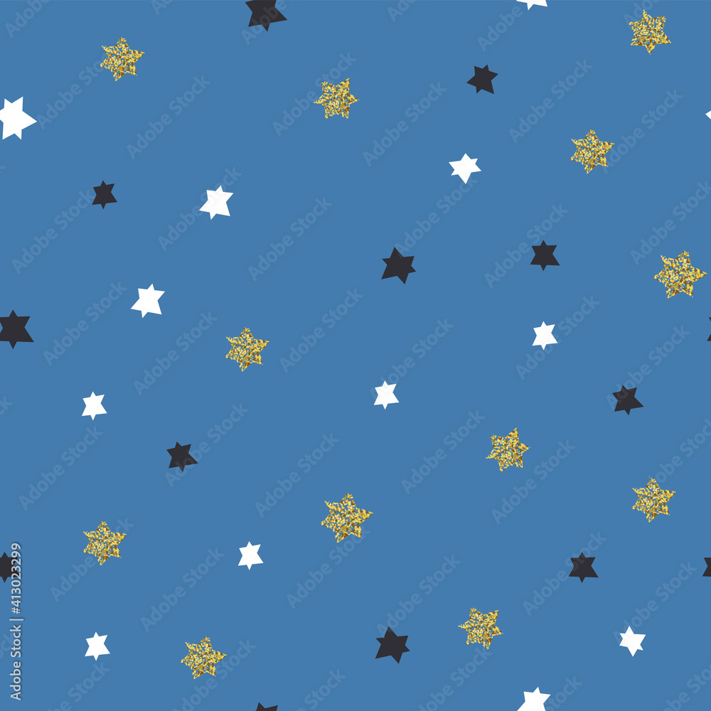 Hanukkah seamless pattern. Blue background with white, black and golden stars (magen david). Hanukkah seamless pattern. Blue background with white, black and golden stars (magen david).