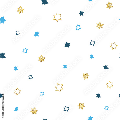 Hanukkah seamless pattern. Blue background with white, black and golden stars (magen david).