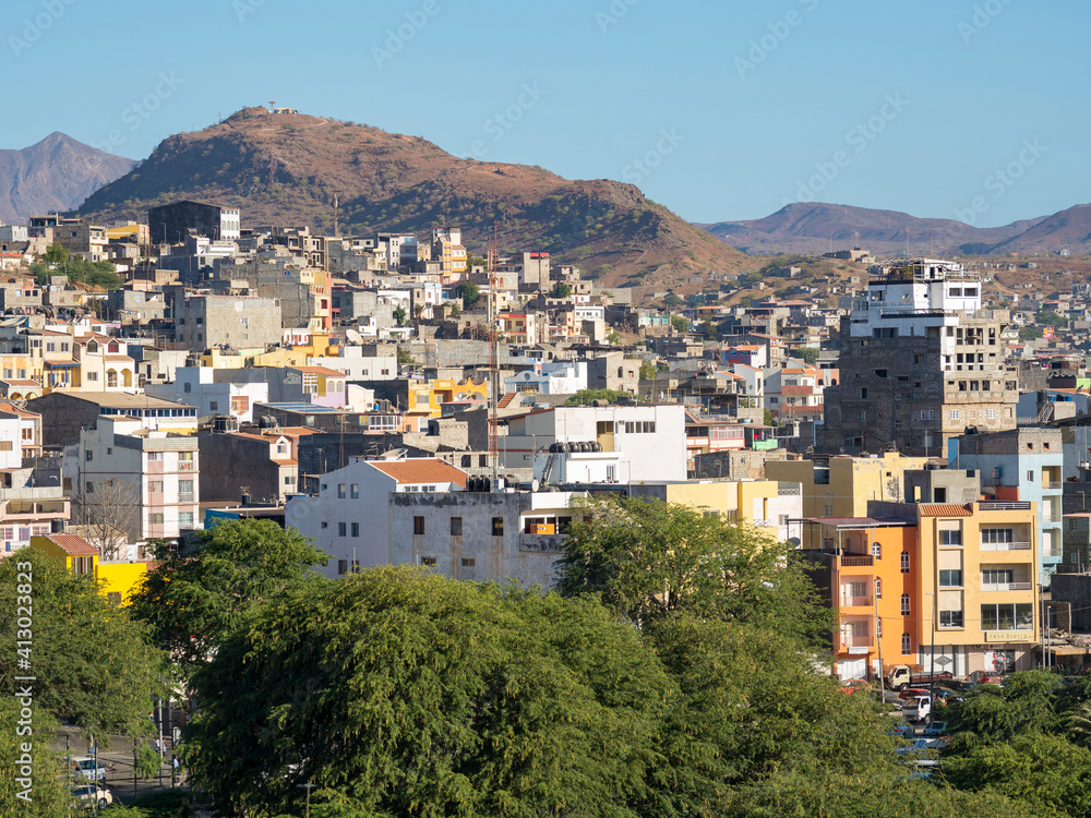 City view from Plato towards the western quarters. The capital Praia on the Ilha de Santiago, Cape Verde.