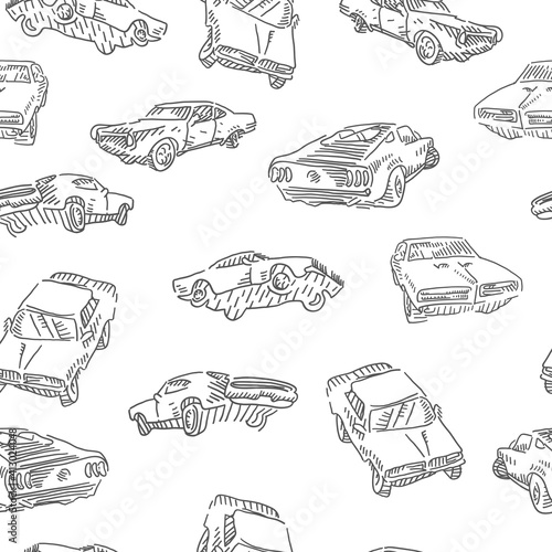 Monochrome muscle car seamless pattern. Jumping rally car, oldschool cars print. Vector illustration.