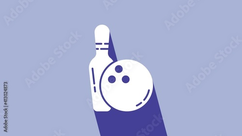 White Bowling pin and ball icon isolated on purple background. Sport equipment. 4K Video motion graphic animation