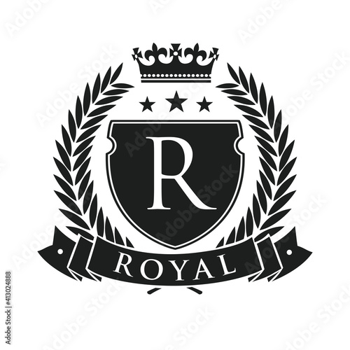 Royal. Heraldic emblem shield with crown and laurel wreath. Coat Arms Vintage Brand Crest Heraldic Emblem Shield. Vector illustration