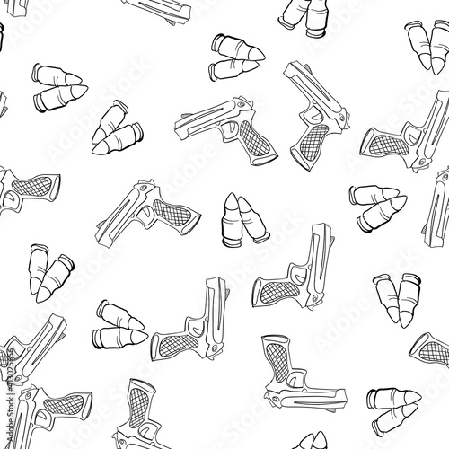 Seamless pattern with pistols and bullets. Vector doodles background
