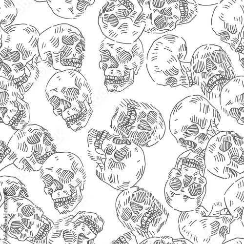 Skull vector doodle seamless pattern.