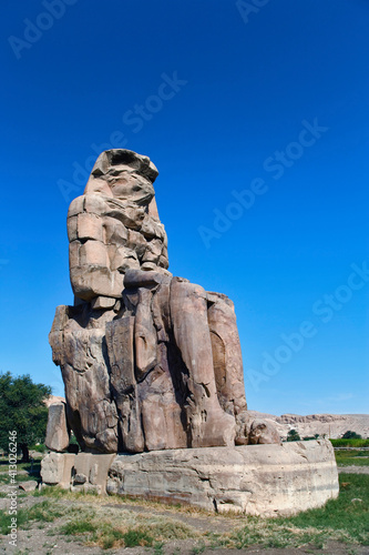 Colossi of Memnon  two statues of Pharaoh Amenhotep III on the West Bank  near modern day Luxor  or ancient Thebes.