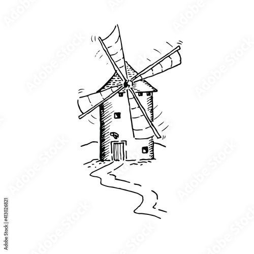 Greek windmill  sketch vector illustration isolated on white background. Mill freehand pencil drawing. Bakery shop, organic agricultural production, ecological food, hand drawn vintage style.