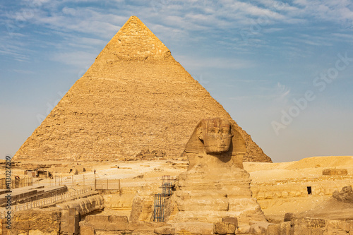 Africa  Egypt  Cairo. Giza plateau. Great Sphinx of Giza in front of the Pyramid of Khafre.