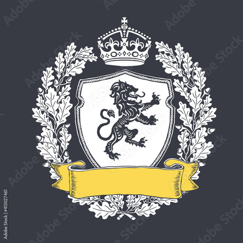 Coat of arms with yellow colored ribbon. Ribbon with blank copyspace. Emblem shield with crown and oak wreath and heraldry lion. Vector illustration