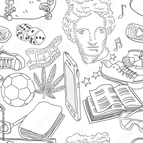 Youth Time Seamless Vector Doodles Pattern. Education college theme seamless background.