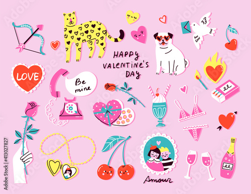 Valentines day vector illustration in cute trendy style. Design elements for romantic concept. Colorful hand drawn pug, leopard, cherries, roses and hearts for love day celebration.