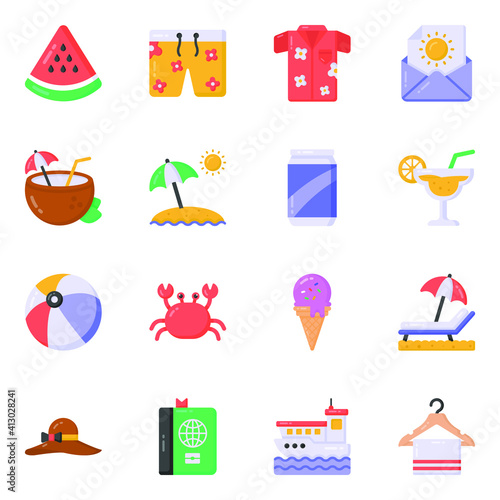 
Pack of Clothing and Beach Accessories Flat Icons 
