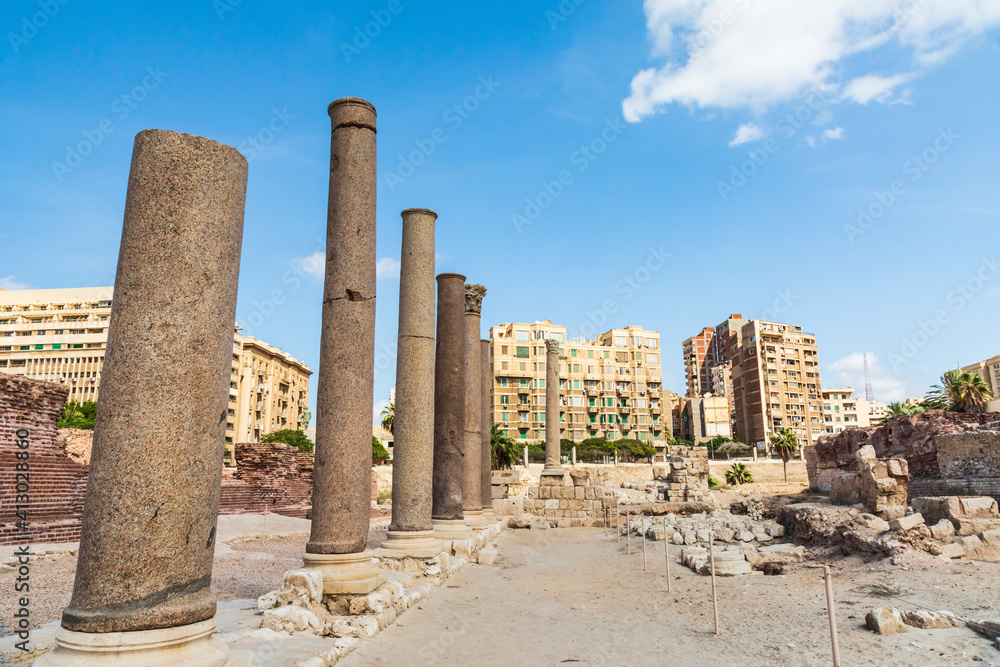 Africa, Egypt, Alexandria. Greco Roman columns near the underground thermal baths and archways.